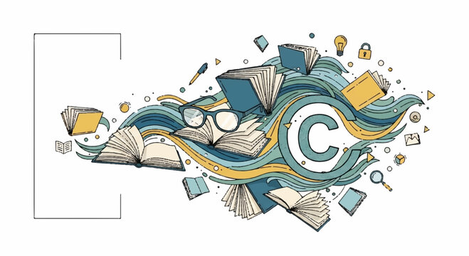 Creative copyright symbol surrounded by swirling papers books glasses and art supplies in blue yellow and white colors on a white background