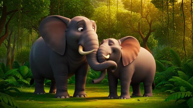 A cute animated scene shows two elephants standing close together in a lush green forest. They gently touch heads, expressing affection and companionship. Soft sunlight filters through the trees, crea