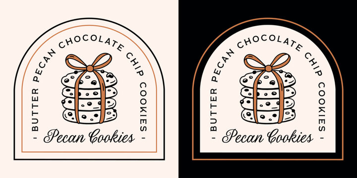 Pecan chocolate chip cookies brown butter nut flavor label logo sticker packaging design retro vintage luxury aesthetic. Homemade cookie stack with bow drawing bakery style illustration text print.