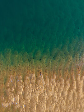 Aerial view of the meeting point between the golden sand and the turquoise sea, Westfjords, Iceland