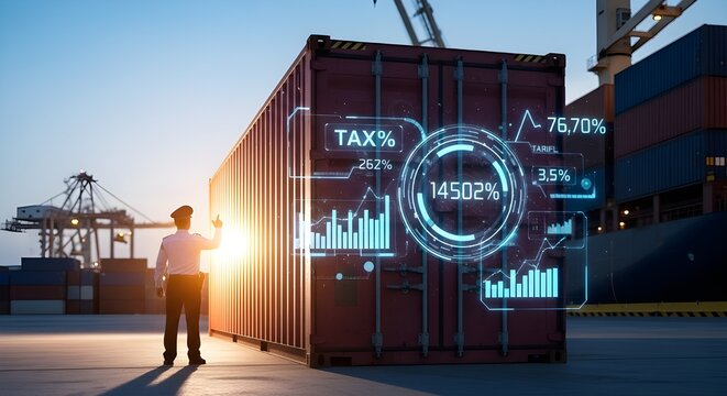 Customs officer inspecting shipping container at international port with digital tariff and tax data overlay, representing import export regulation, customs control, and global trade monitoring.