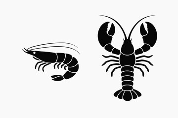 Obraz premium Minimalist shrimp and lobster silhouettes, clean vector style, solid black shapes, isolated on pure white background.