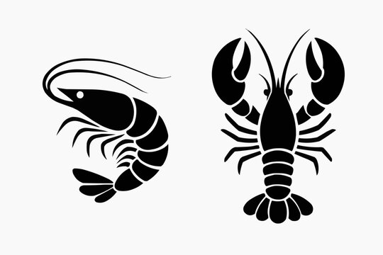 Minimalist shrimp and lobster silhouettes, clean vector style, solid black shapes, isolated on pure white background.