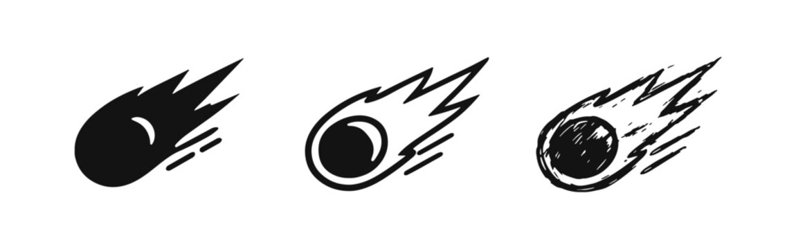 Meteor or Comet Icon Set - Falling Star Outline, Silhouette, and Sketch Styles for Space and Astronomy
