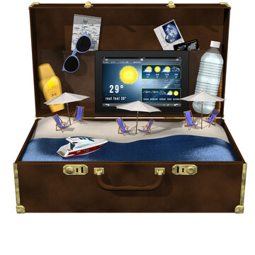 PNG. Trasparente. Valigia per viaggio al mare in estate..All'interno della valigia, la spiaggia con ombrellone, sdraio, occhiali e creme solari bibite rinfrescanti ecc..