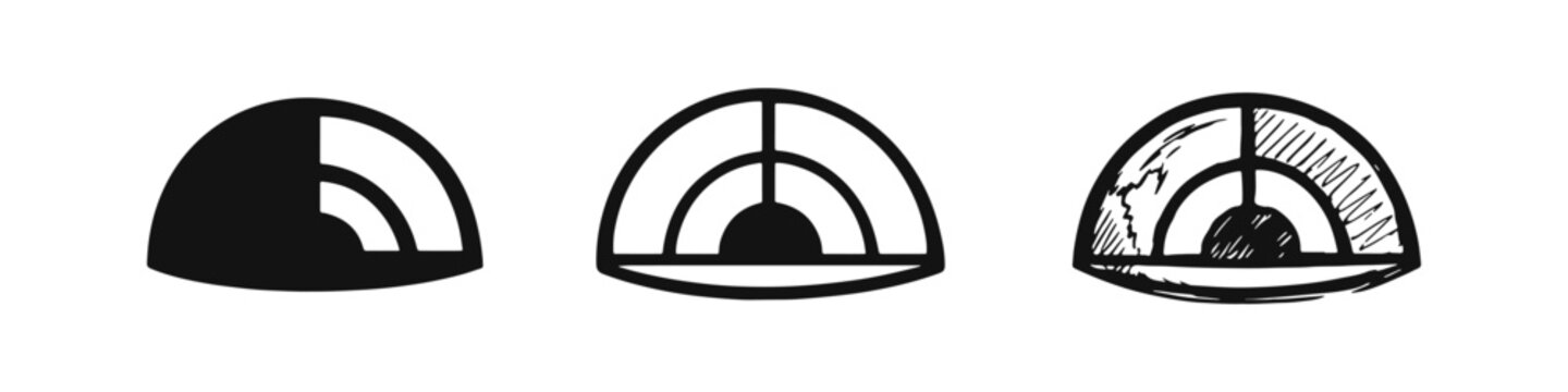 Earth Layers or Geological Cross-Section Icon Set - Planet Core Outline, Silhouette, and Sketch Styles