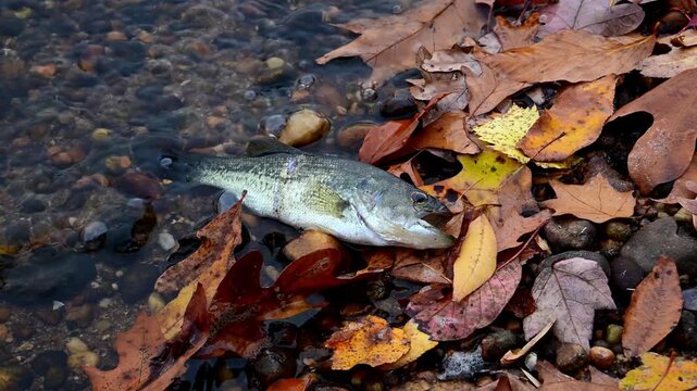 A dead largemouth bass (Micropterus salmoides) washed ashore in autumn along the coastline of a bay of the Raritan River, USA