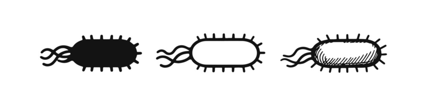 Bacterium or Microorganism Icon Set, illustrating a single-celled organism with flagella and fimbriae in different styles.