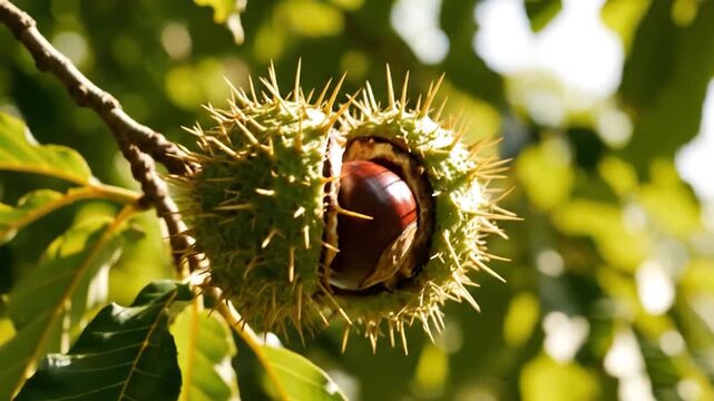 A spiky green horse chestnut fruit slowly opens on a tree branch