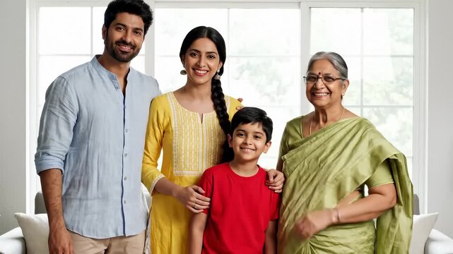 Multi-Generational Indian Family Posing Together Smiling in Brightly Lit Room