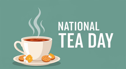 Obraz premium National tea day celebration with steaming cup of tea and sweet biscuits on a saucer