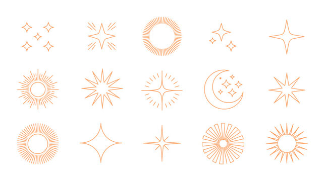 Celestial linear icon set with stars, moon, and sun, vector illustration of abstract decorative symbols for logo design, branding, and creative projects