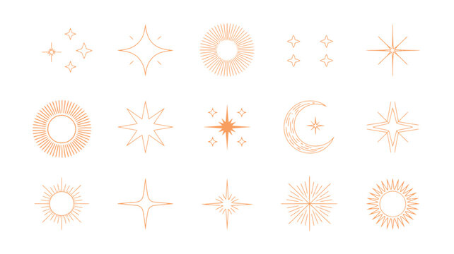Linear icons and symbols including stars, moon, and sun, abstract design elements for decoration, branding, logo design, and creative projects