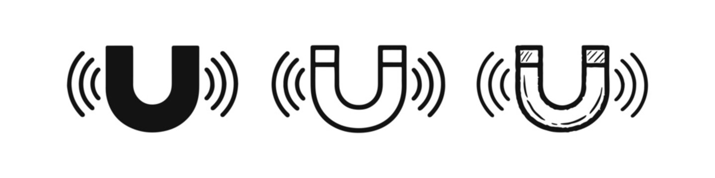 Magnet with Magnetic Field Waves Icons Set. Horseshoe Magnet Attraction Symbol Collection. Force Field Magnet Vector Illustration.