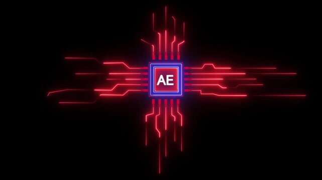 Futuristic microchip animation with ae text logo and glowing red electrical circuit lines