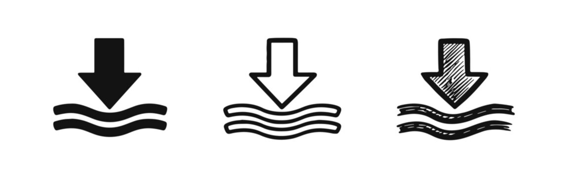 Downward Arrow Pointing to Waves Icons Set. Water Surface Impact or Entry Symbol Collection. Liquid Interaction Vector.