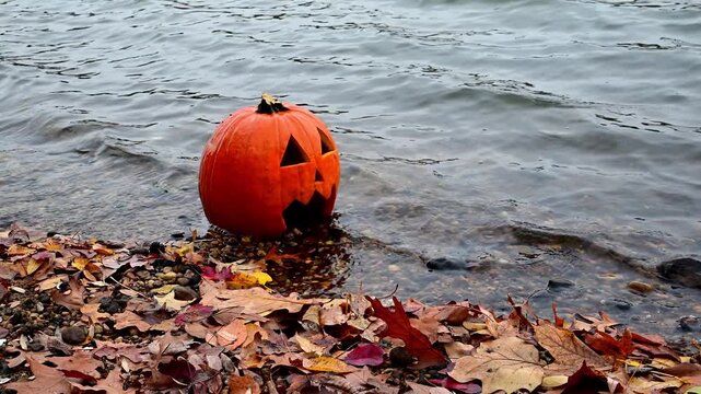 A carved orange pumpkin, known as a Jack-o-lantern (Cucurbita pepo), the principal symbol of the Halloween holiday, floating near the shoreline in autumn in a bay of the Raritan River, New Jersey, USA