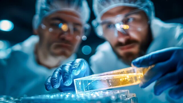 Two scientists in clean suits examine a transparent sample container in sterile laboratory, quality control and biotech collaboration