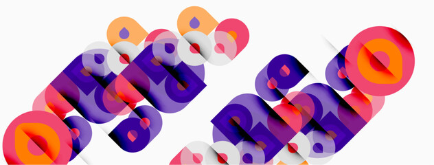 Abstract typography features colorful overlapping letterforms. Design utilizes gradients, shadows, creating dynamic visual effect. © antishock