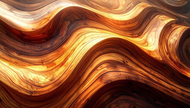 Close-up of undulating wooden surface, showing rich grain and warm tones, bathed in soft, diffused light, evoking texture and natural forms