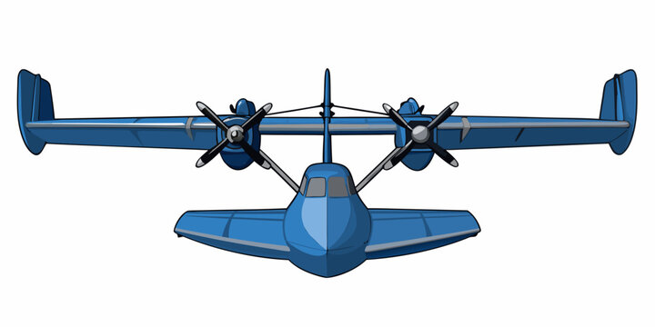 Cartoon illustration of a blue twin engine seaplane viewed from above