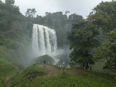 Aerial view of cascading Curugsewu waterfall amidst a lush, green forest, where mist kisses the vibrant foliage, Curugsewu, Kendal Regency, Central Java, Indonesia.