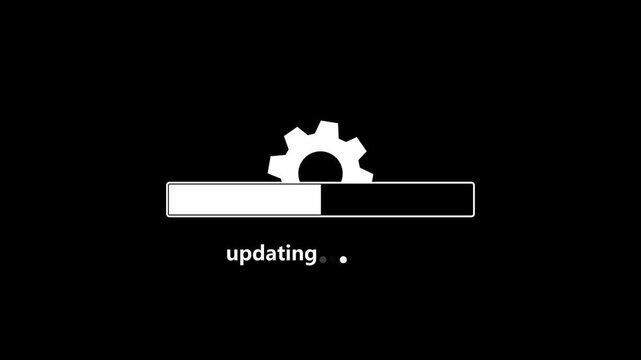 Software update progress bar with rotating gear icon and animated text on black background