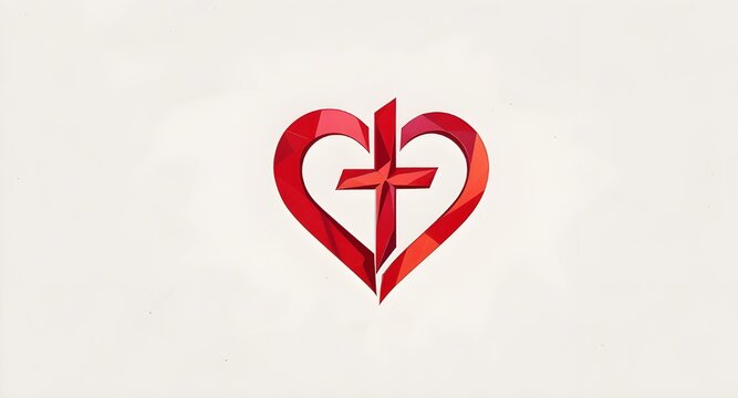 Red Heart with Christian Cross Symbol Faith Love Concept