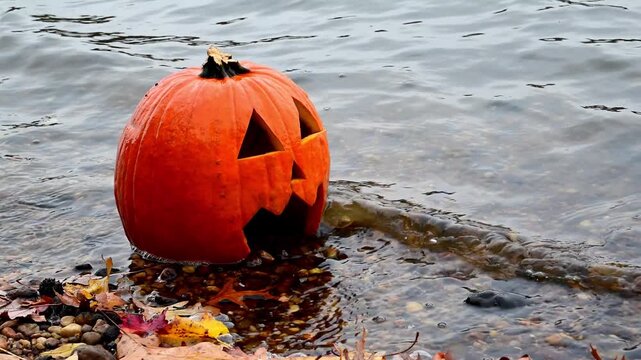 A carved orange pumpkin, known as a Jack-o-lantern (Cucurbita pepo), the principal symbol of the Halloween holiday, floating near the shoreline in autumn in a bay of the Raritan River, New Jersey, USA