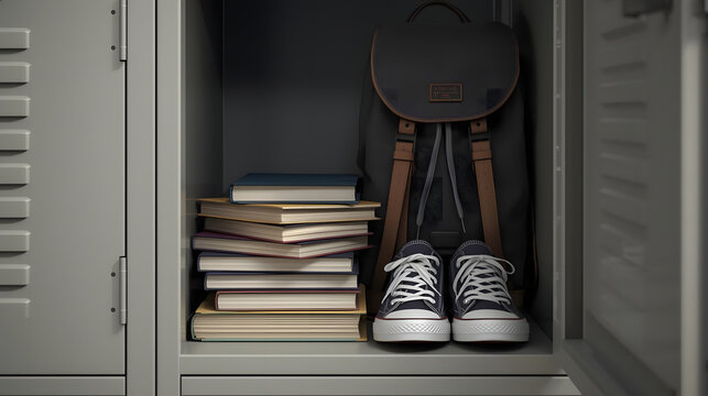 school supplies in a locker with books, sneakers, and backpack