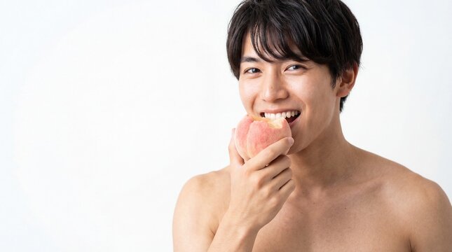 農産物広告やヘルシーな食生活をイメージした、新鮮な日本の桃をかじる笑顔の日本人美男子ポートレート