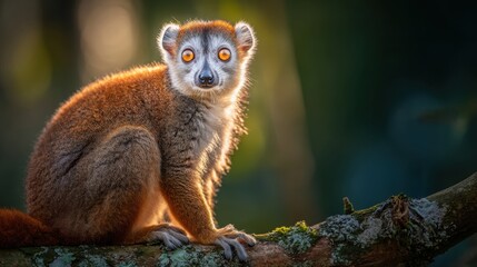 Close-up portrait of a curious lemur sitting on a tree branch bathed in soft sunlight