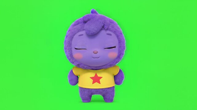 Small purple alien character on green screen