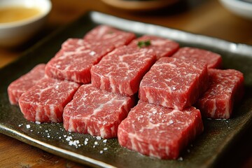 Fototapeta premium Premium marbled beef cuts on a dark plate for culinary and advertising use