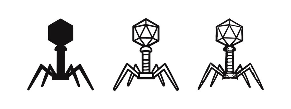 Icon set of bacteriophage virus, scientific pathogen symbol, black silhouette, outline and hand drawn sketch styles.