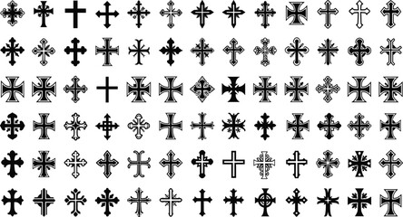Large set of various ornate Christian cross icons and decorative religious crucifix symbols in black silhouette vector style for church design, spiritual faith and historical graphics.