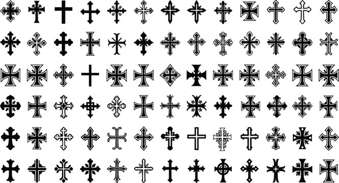 Large set of various ornate Christian cross icons and decorative religious crucifix symbols in black silhouette vector style for church design, spiritual faith and historical graphics.