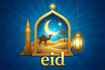 Naklejka premium Eid celebration with camel under crescent moon and stars in desert