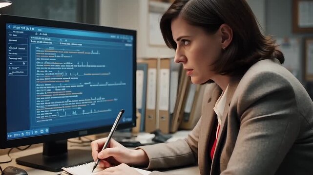 Middle-aged woman using AI-assisted claims software in office