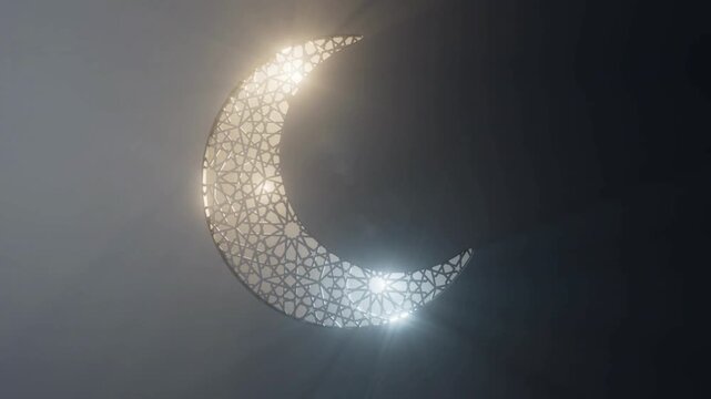 4K Background Eid Al Adha Mubarak and crescent moon Ramadan lantern and mosque. Eid, mosque arabesque through white decorative mosque window.
