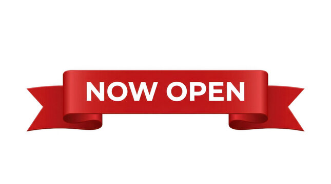 Red ribbon banner with now open text on white background for business announcement