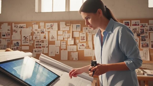 Mature woman architect analyzing ai generated floor plan on tablet