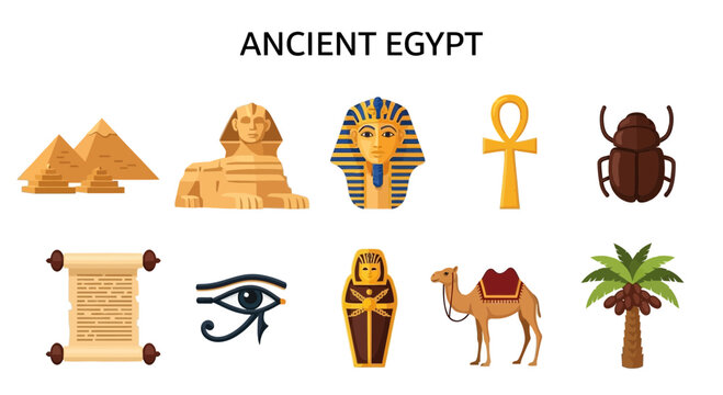 Ancient Egypt icons featuring pyramids sphinx pharaoh mask ankh scarab scroll Eye of Horus sarcophagus camel and palm tree