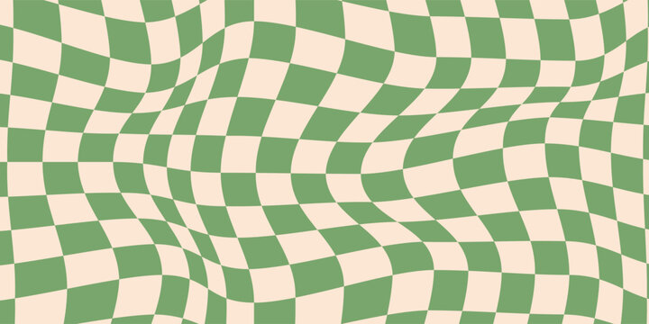 Seamless green checkerboard pattern. Repeating distorted checkered texture. Groovy trippy abstract background. Vintage retro style wallpaper for textile, fabric, wrapping paper. Vector check surface