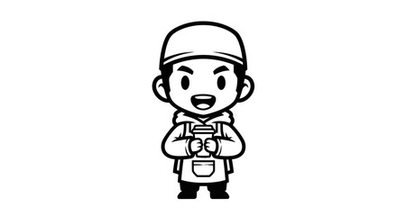 Obraz premium Black White Line Art Chibi Barista Holding Coffee Cup Icon for Food Beverage Industry