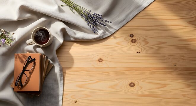 A serene flat lay featuring a stack of books with glasses a steaming cup and lavender on wood