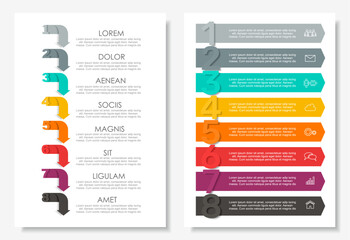 Dual infographic layouts with numbered steps, icons, and placeholder text for business, planning, or presentation purposes. Vector illustration.