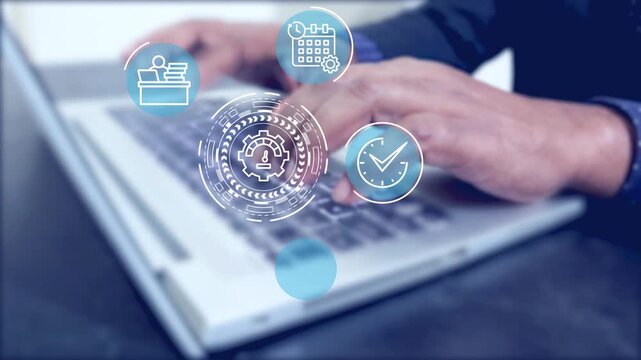 Virtual symbols for tasks, time management, and analytics are included in this digital productivity solution. Business professionals using an online platform to maximize productivity and workload