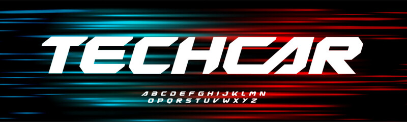Fototapeta premium Modern Tech Racing Font With Speed Lines Effect On Red, Turquoise, Neon Light Background. Bold Sport Alphabet For Car, Motorsport, Game Logo, Poster, Technology Typographic Design. Vector typeset.