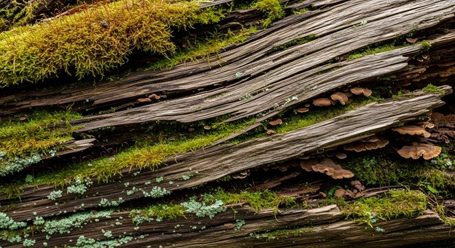 A close up view of a decaying weathered log covered in vibrant green moss and small brown fungi